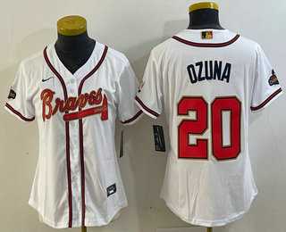 Women%27s Atlanta Braves #20 Marcell Ozuna White Gold World Series Champions Cool Base Stitched Jersey